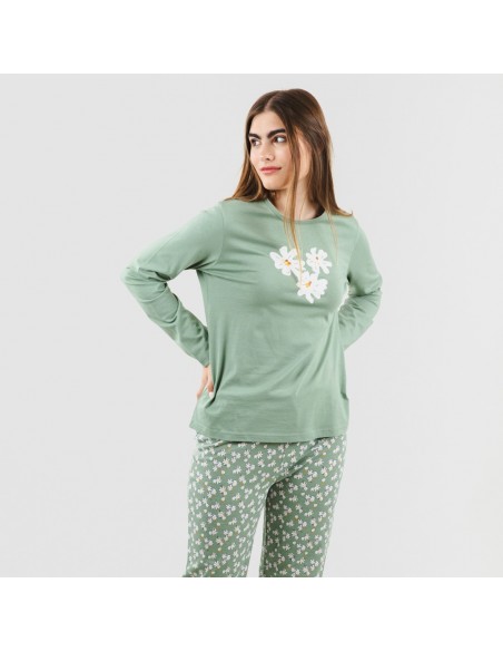 Pijama largo algodón Indira verde cacería pijamas-mujer