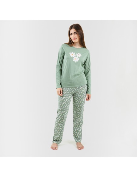 Pijama largo algodón Indira verde cacería pijamas-mujer