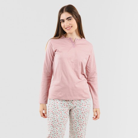 Pijama largo algodón Vita rosa pijamas-mujer