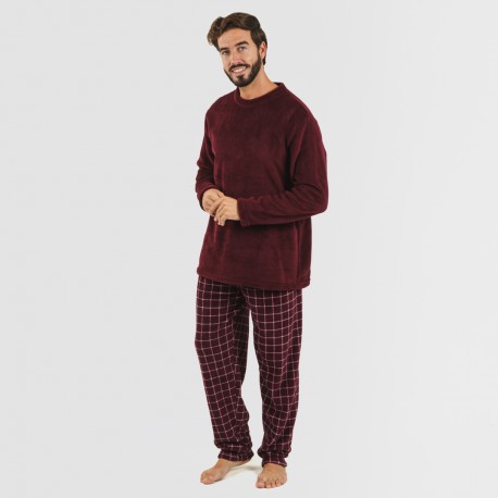 Pijama coral hombre Cuadro Pruden burdeos