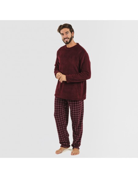 Pijama coral hombre Cuadro Pruden burdeos Pijama coral hombre Cuadro Pruden burdeos