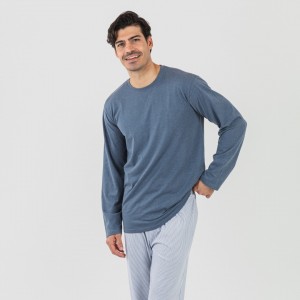 Pijama largo algodón hombre Lista indigo 2