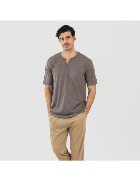 Pijama largo hombre de manga corta con botón Topo - arena Pijama largo hombre de manga corta con botón Topo - arena