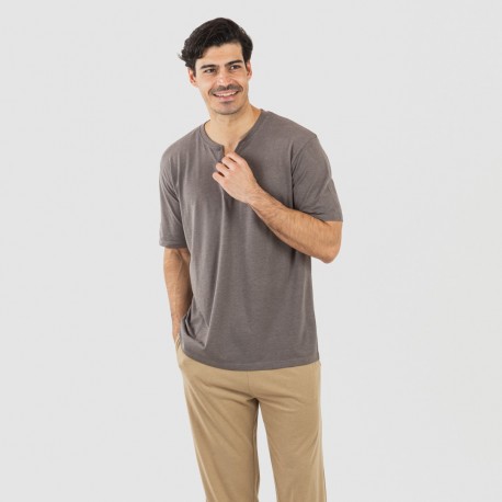 Pijama largo hombre de manga corta con botón Topo - arena