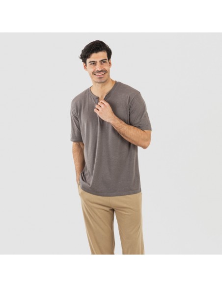 Pijama largo hombre de manga corta con botón Topo - arena Pijama largo hombre de manga corta con botón Topo - arena