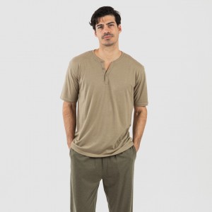Pijama largo hombre de manga corta con botón verde cacería - verde oscuro