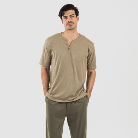 Pijama largo hombre de manga corta con botón verde cacería - verde oscuro comprar-pijamas-largos-hombre