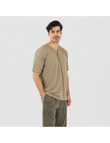 Pijama largo hombre de manga corta con botón verde cacería - verde oscuro Pijama largo hombre de manga corta con botón verde cacería - verde oscuro