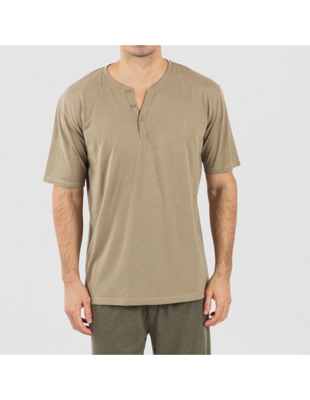 Pijama largo hombre de manga corta con botón verde cacería - verde oscuro Pijama largo hombre de manga corta con botón verde cacería - verde oscuro