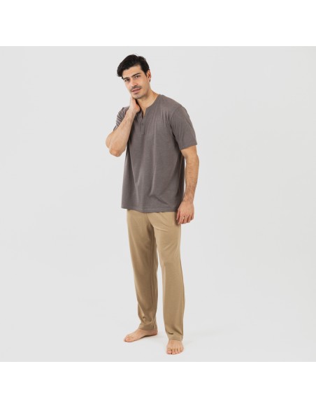 Pijama largo hombre de manga corta con botón Topo - arena comprar-pijamas-largos-hombre