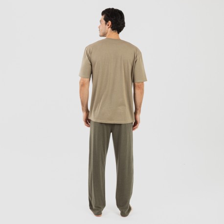 Pijama largo hombre de manga corta con botón verde cacería - verde oscuro