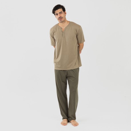 Pijama largo hombre de manga corta con botón verde cacería - verde oscuro