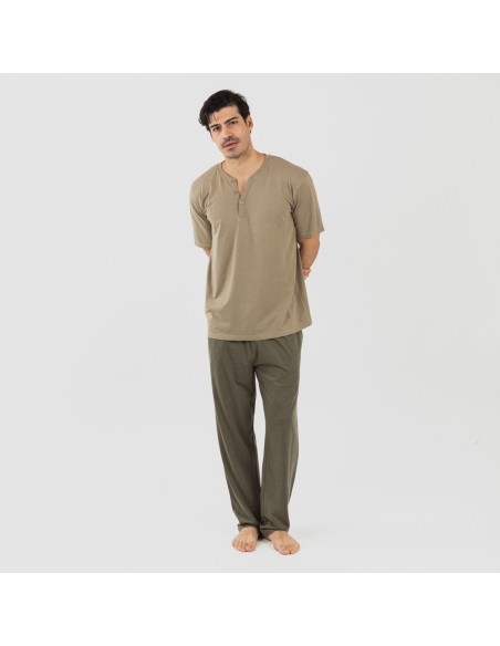 Pijama largo hombre de manga corta con botón verde cacería - verde oscuro Pijama largo hombre de manga corta con botón verde cacería - verde oscuro