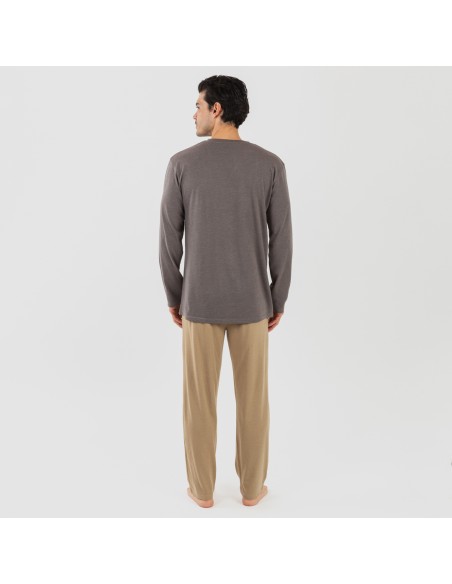 Pijama largo hombre con botones topo - arena Pijama largo hombre con botones topo - arena