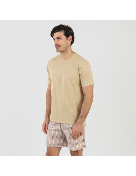 Pijama corto algodón hombre Raya Ico arena Pijama corto algodón hombre Raya Ico arena