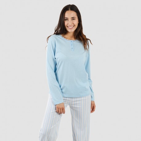 Pijama largo algodón Bennet celeste pijamas-largos-mujer