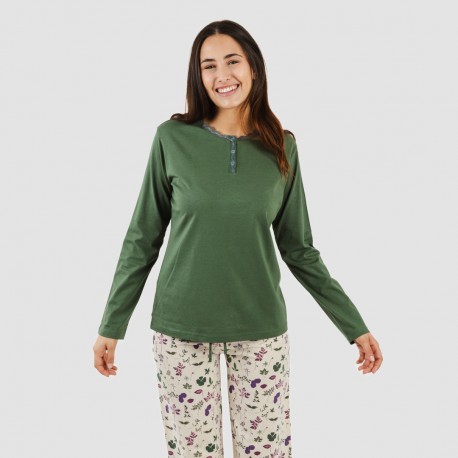 Pijama largo algodón Eire verde caceria pijamas-largos-mujer