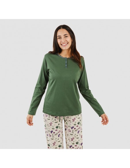 Pijama largo algodón Eire verde caceria pijamas-largos-mujer