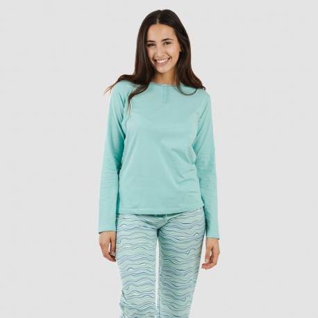 Pijama largo algodón Ola verde agua pijamas-largos-mujer