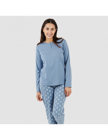 Pijama largo algodón Garbo azul añil pijamas-largos-mujer