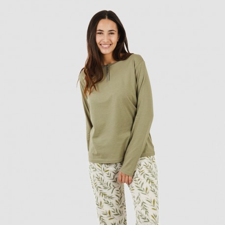 Pijama largo algodón Caliope verde caceria pijamas-largos-mujer
