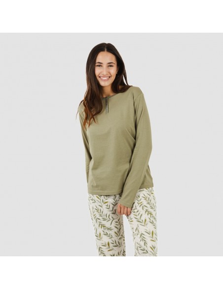 Pijama largo algodón Caliope verde caceria pijamas-largos-mujer