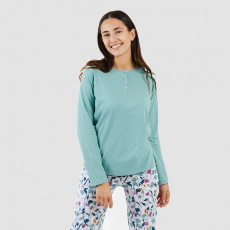 Pijama largo algodón Maura verde agua pijamas-largos-mujer