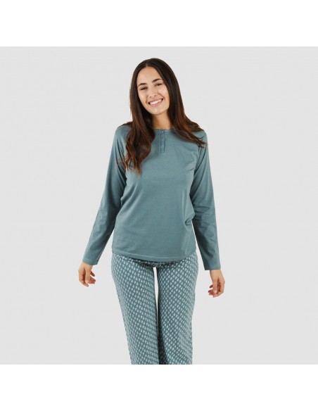 Pijama largo algodón Tiara verde azulado pijamas-largos-mujer