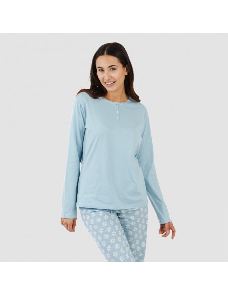 Pijama largo algodón Susan celeste pijamas-largos-mujer