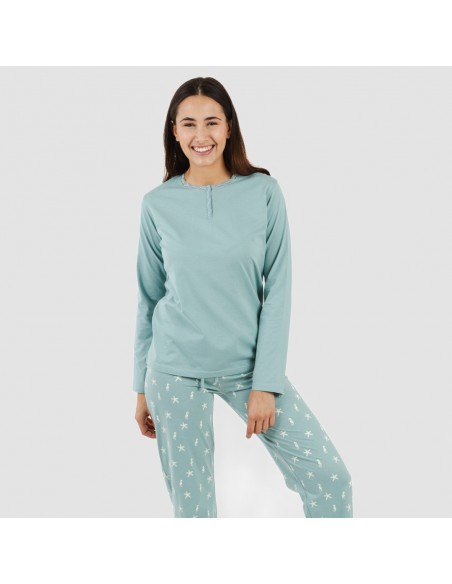 Pijama largo algodón Aaron verde azulado pijamas-largos-mujer