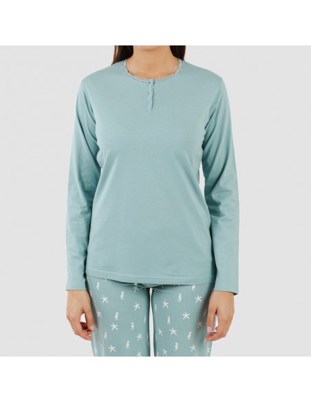 Pijama largo algodón Aaron verde azulado pijamas-largos-mujer