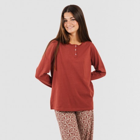 Pijama largo algodón Corinto teja pijamas-largos-mujer