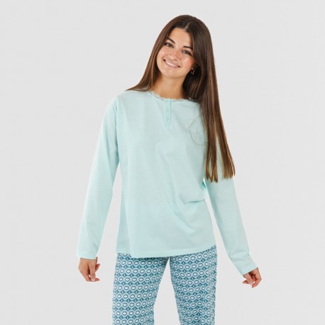 Pijama largo algodón Galieni verde azulado pijamas-largos-mujer