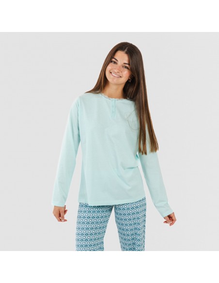Pijama largo algodón Galieni verde azulado Pijama largo algodón Galieni verde azulado