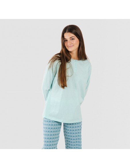 Pijama largo algodón Galieni verde azulado Pijama largo algodón Galieni verde azulado