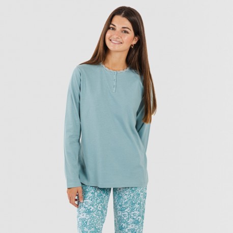 Pijama largo algodón Hera verde azulado pijamas-largos-mujer