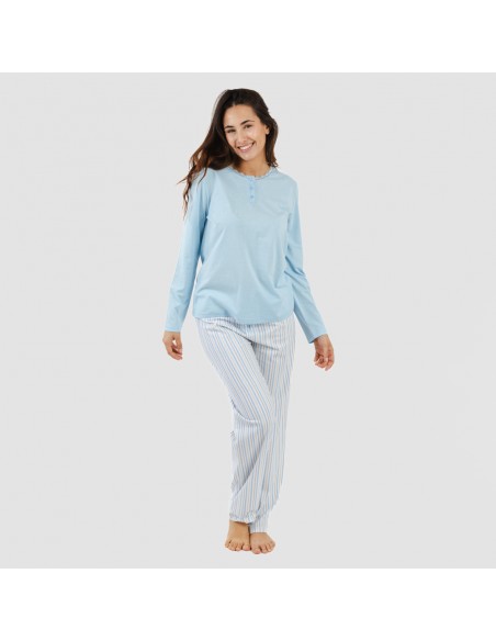 Pijama largo algodón Bennet celeste pijamas-largos-mujer