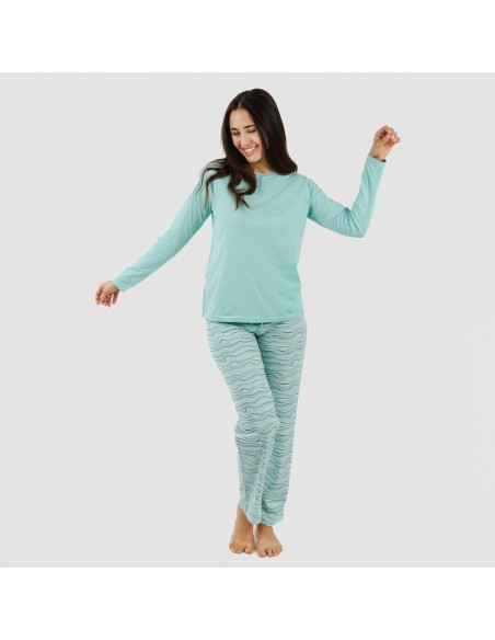 Pijama largo algodón Ola verde agua pijamas-largos-mujer
