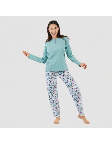 Pijama largo algodón Maura verde agua pijamas-largos-mujer