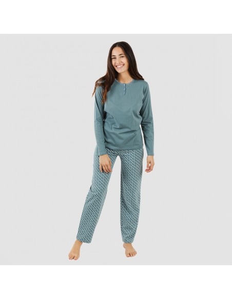 Pijama largo algodón Tiara verde azulado pijamas-largos-mujer
