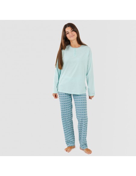 Pijama largo algodón Galieni verde azulado Pijama largo algodón Galieni verde azulado