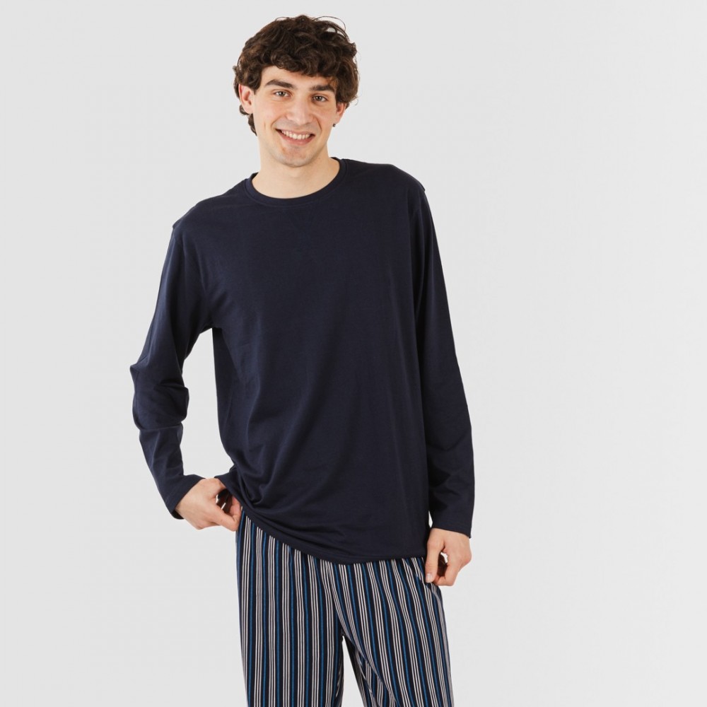 Pijama largo algodón hombre Raya Galileo azul marino