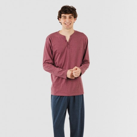 Pijama largo hombre con botones burdeos - marino