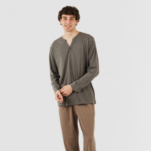 Pijama largo hombre con botones petroleo - marron 2