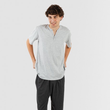 Pijama largo hombre de manga corta con boton perla - marengo