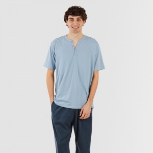 Pijama largo hombre de manga corta con boton indigo - marino