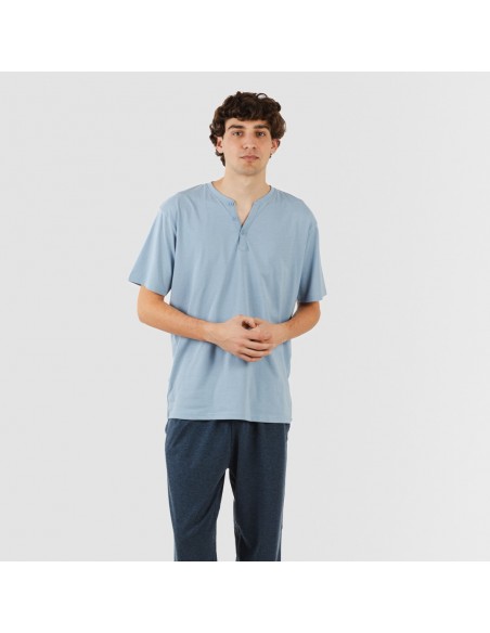 Pijama largo hombre de manga corta con boton indigo - marino Pijama largo hombre de manga corta con boton indigo - marino