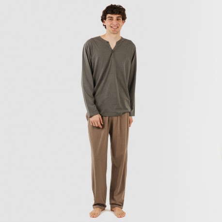 Pijama largo hombre con botones petroleo - marron