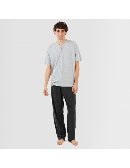 Pijama largo hombre de manga corta con boton perla - marengo comprar-pijamas-largos-hombre