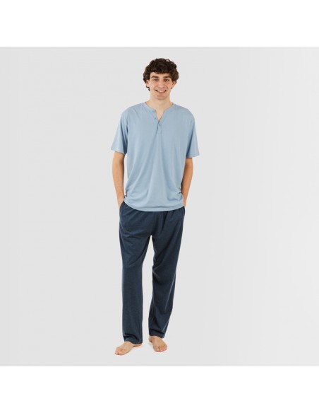 Pijama largo hombre de manga corta con boton indigo - marino Pijama largo hombre de manga corta con boton indigo - marino